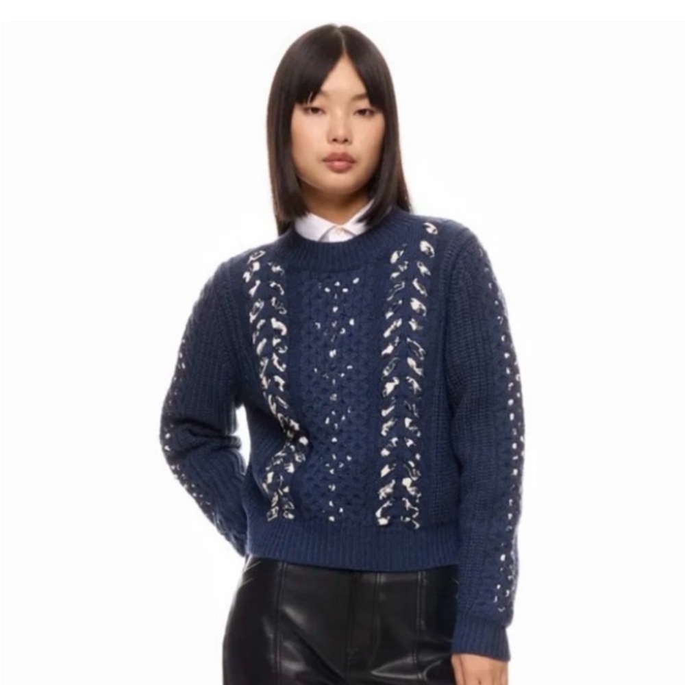 Jason Wu Collective Woven Detail Sweater Crew Neck Dark Blue Size XXL - Picture 1 of 9